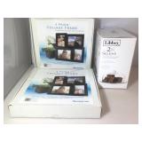 Two collage photo frames and a glass cake plate.