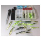 Box of fishing rubber worms, with a Berkley filet