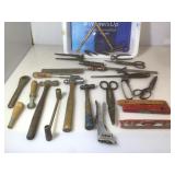 Bin of tools, wood folding ruler, ball peen