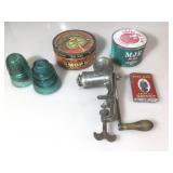 3 vintage advertising tins, 2 glass insulators ,