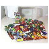 Bin of Matchbox and Hot wheels vehicles