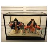 Glass cased pr of Japanese Dolls, case is Approx