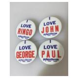 4 vintage Beatles pinback buttons , 2 in diameter