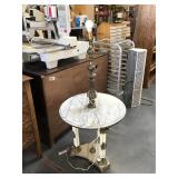 Vintage end table w/marble top and lamp -one leg