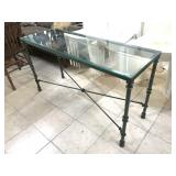 Metal Hall table w/glass top, approx 17x50x28