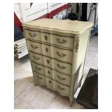 Wooden cream tall dresser w/metal hardware,