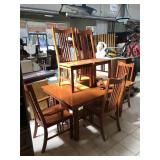 Wooden mission style dining table w/leaf and 6