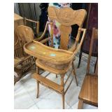 Antique Oak Wood pressed back highchair, hand