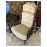 Wooden arm chair w/cushions and press cane on the