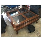 Wooden coffee table w/glass top, approx 38x38x15