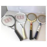 4 Tennis Rackets. Two vintage wood handled.
