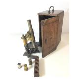 Antique brass microscope in wooden case complete