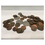 Lot of wheat pennies and foreign coins and more