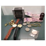 Lot of assorted watches, foreign currency and