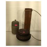 Native artifacts,  reed and wood covered bowl