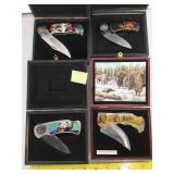 4 New cased pocket knives, scenic grips