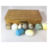 Wooden Box with Quartz Eggs.