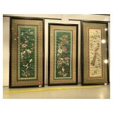 3 framed vintage oriental needlepoints on silk,