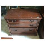 Wooden brown file cabinet, approx 24x39x29 inches