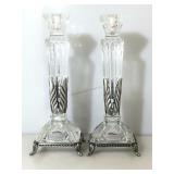 Pair of press glass candlestick holders w/metal
