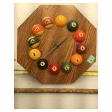 Pool table clock in oak , 15 inches across, bat