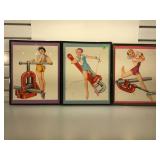 3 framed 1953 signed Petty pinups , each 9.75 x
