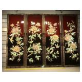 4 Chinese lacquered on wood panels with carved