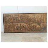 Large vintage framed batik painting on woven