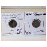 1874 and 1865 Nickel 3-Cent pieces - one plugged,