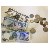 Lot of assorted foreign coins, paper money, Wheat
