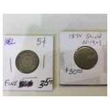 1882 and 1874 Shield Nickels in flips