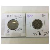 1869 and 1870 Shield Nickels in flips