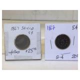 1867 Shield Nickels - no Rays - in flips