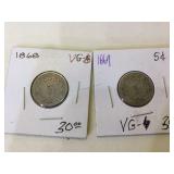 1868 and 1869 Shield Nickels in flips
