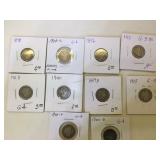 10 Silver Barber Dimes in flips