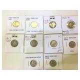 10 Silver Mercury Dimes in flips