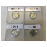 4 Silver Mercury Dimes in plastic holders