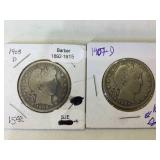 1907-D & 1908-D Barber Half Dollars in flips