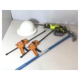 RYobi saw, misc hand tools, hard hat.