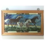 Framed stained glass piece with horses. Joan