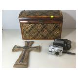 Rattan looking chest with contents. Composite