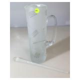 Signed 13in tall glass pitcher with glass