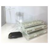 Two acrylic jewelry display boxes and Ray-ban