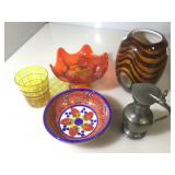 7.5in Italian Bowl, Two art glass pieces, pewter