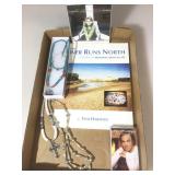 Tray lot with assorted, books, cd, jewelry