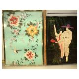 Oriental needle point on silk, flowers and bird,