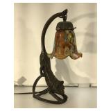 Bronze cat lamp with art glass shade ,glass eyes