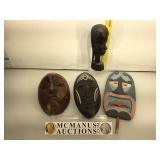 4 African carvings, 2 masks, covered beaded mask