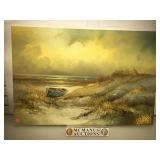 Watkins , Blue boat on shore painting on canvas ,