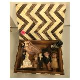 Bone and wood box of miniature dolls  inc